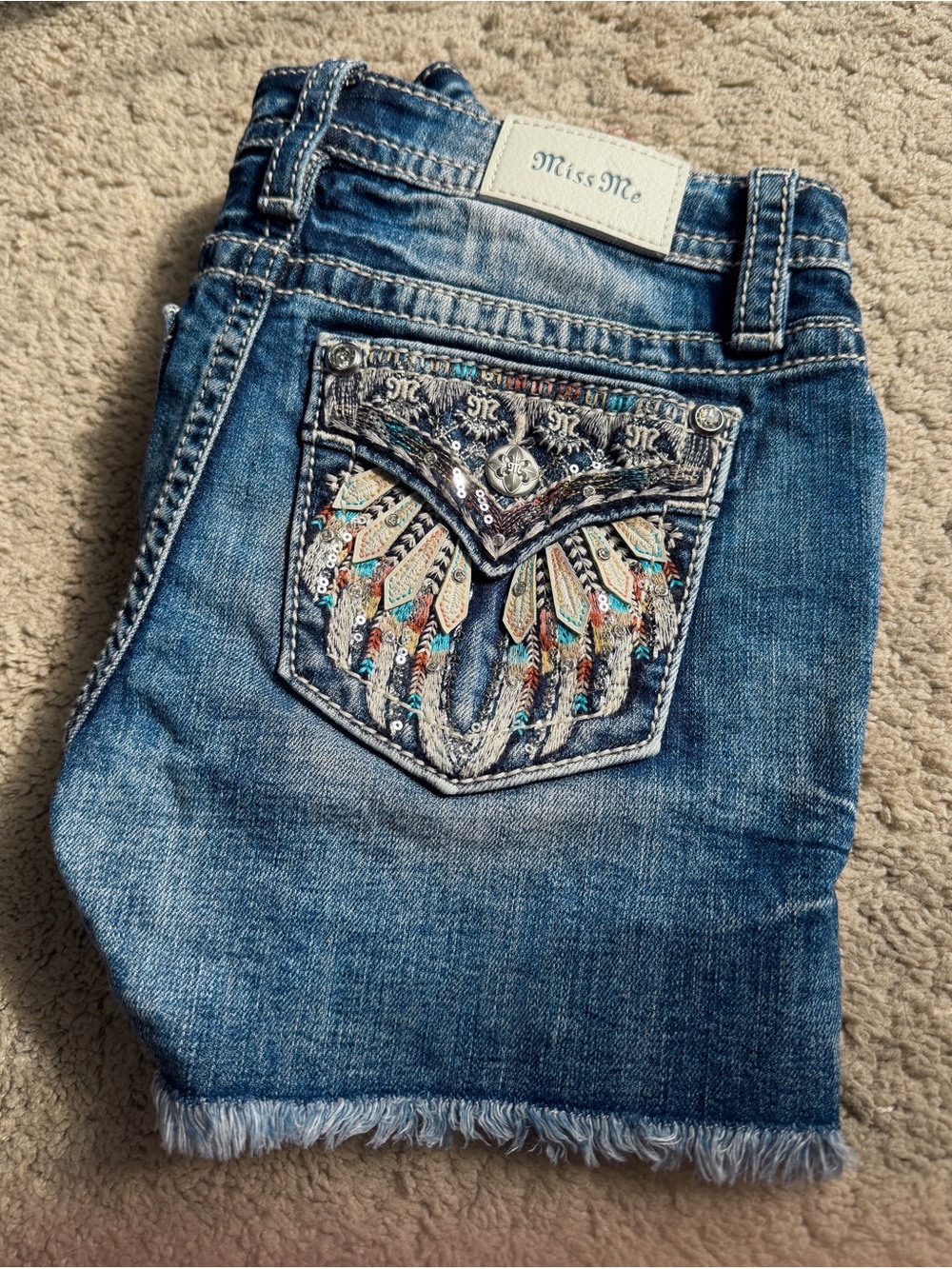Miss Me Shorts 26 Denim Blue Jean Y2k Rhinestone Embellished Midi angel wing - Picture 3 of 10